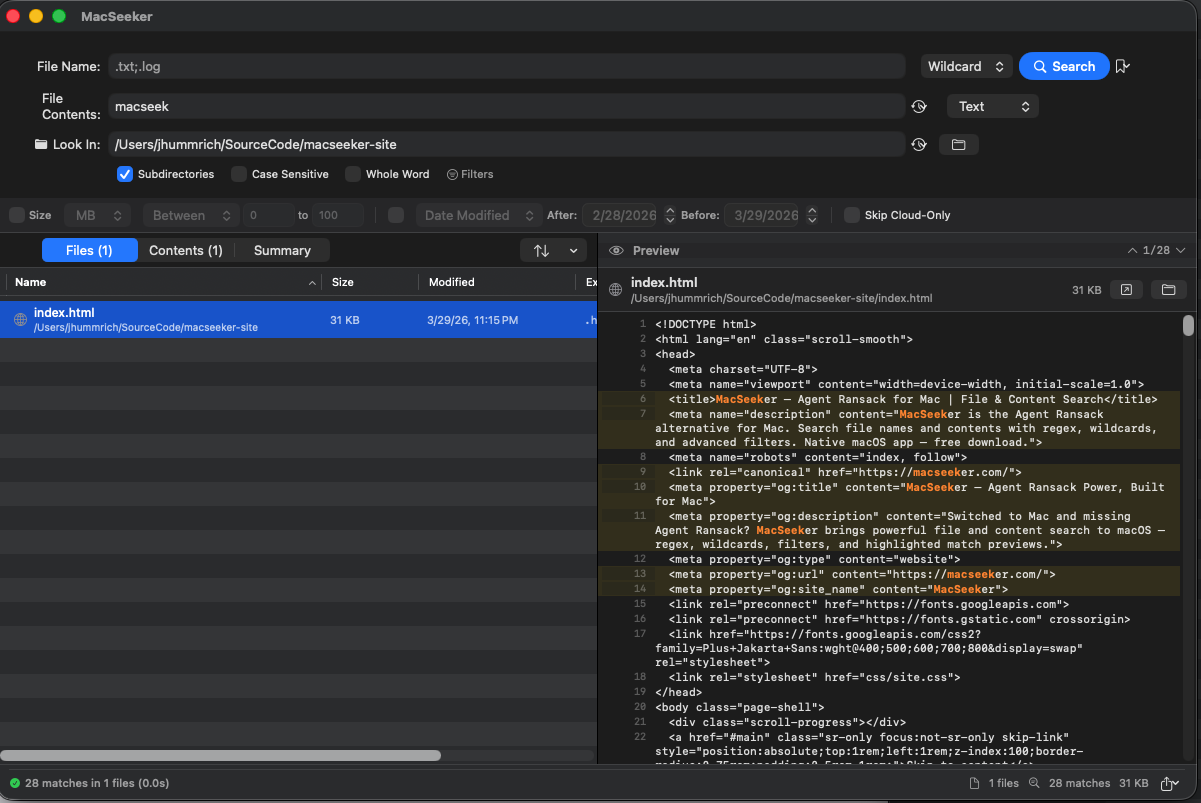 MacSeeker app — dark mode with regex file search, content search fields, and match preview pane