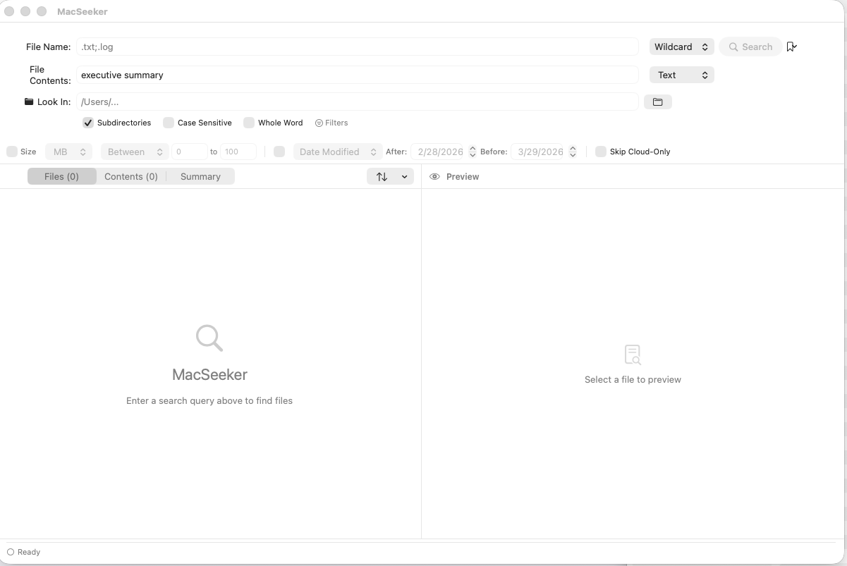 MacSeeker app — light mode showing dual search fields, filter bar, and highlighted content match results